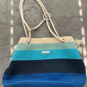 Blue & White Striped Woven Beach Tote